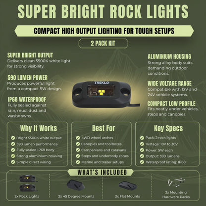 Super bright mounted rock lights 2x for caravan, campervan, RV, marine, and off grid applications