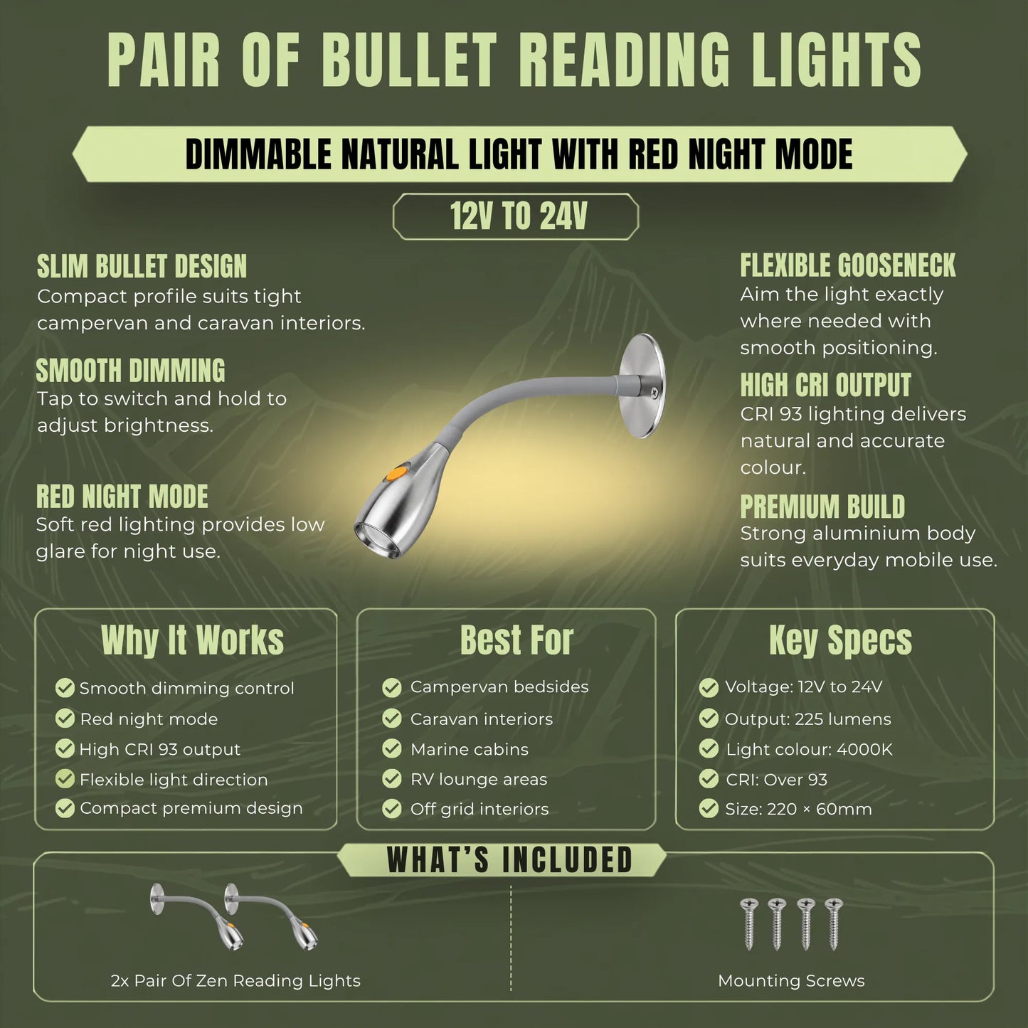 Dimmable 12v Bullet aluminium reading lights for campervan interiors