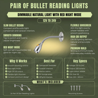 Dimmable 12v Bullet aluminium reading lights for campervan interiors