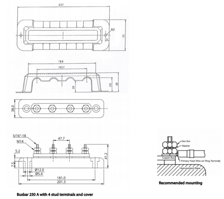 campervan busbar 250a 4p covered terminal block for 12v and 24v systems