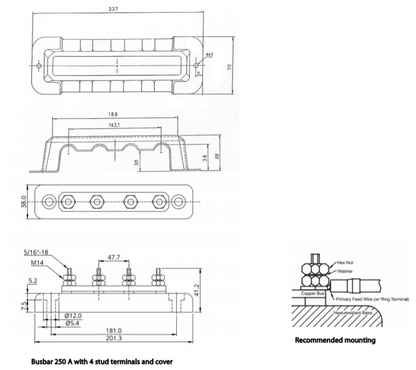 campervan busbar 250a 4p covered terminal block for 12v and 24v systems