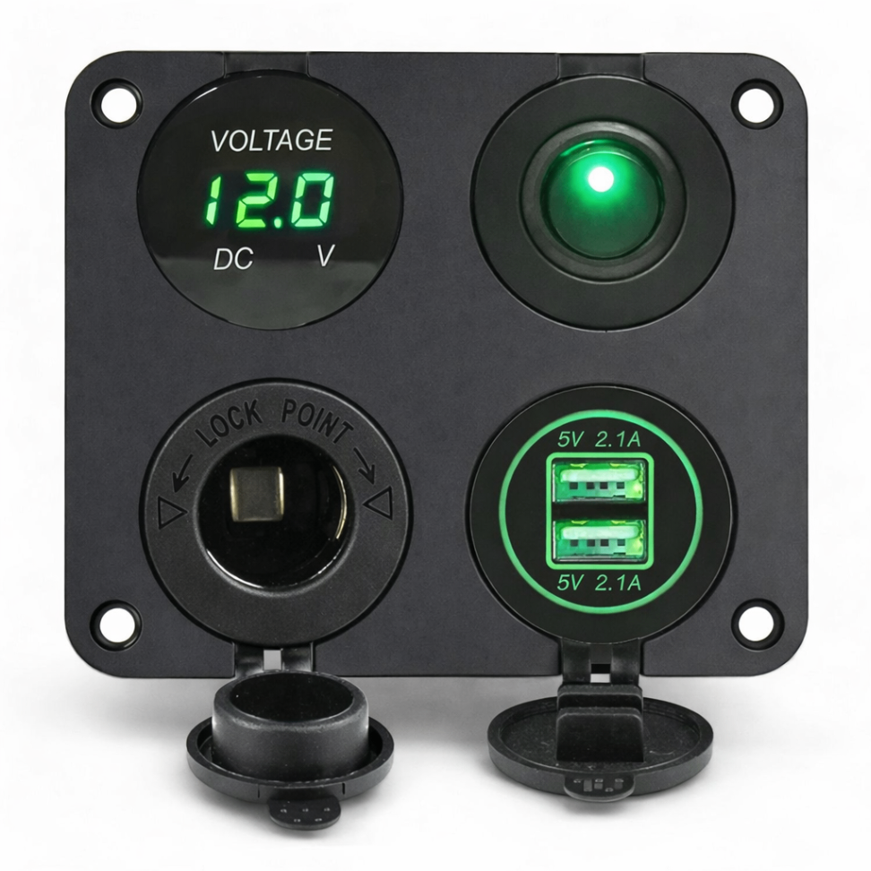 caravan 4 in 1 surface mount panel combining usb charging, 12v outlet, voltmeter and switch