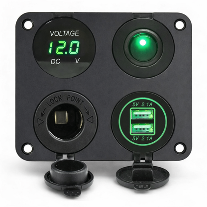 caravan 4 in 1 surface mount panel combining usb charging, 12v outlet, voltmeter and switch