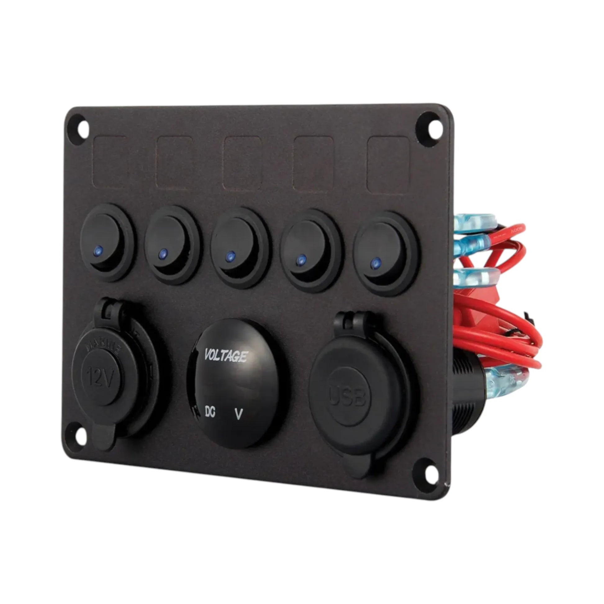 Campervan 12v blue switch panel with 5 switches and accessory outlet