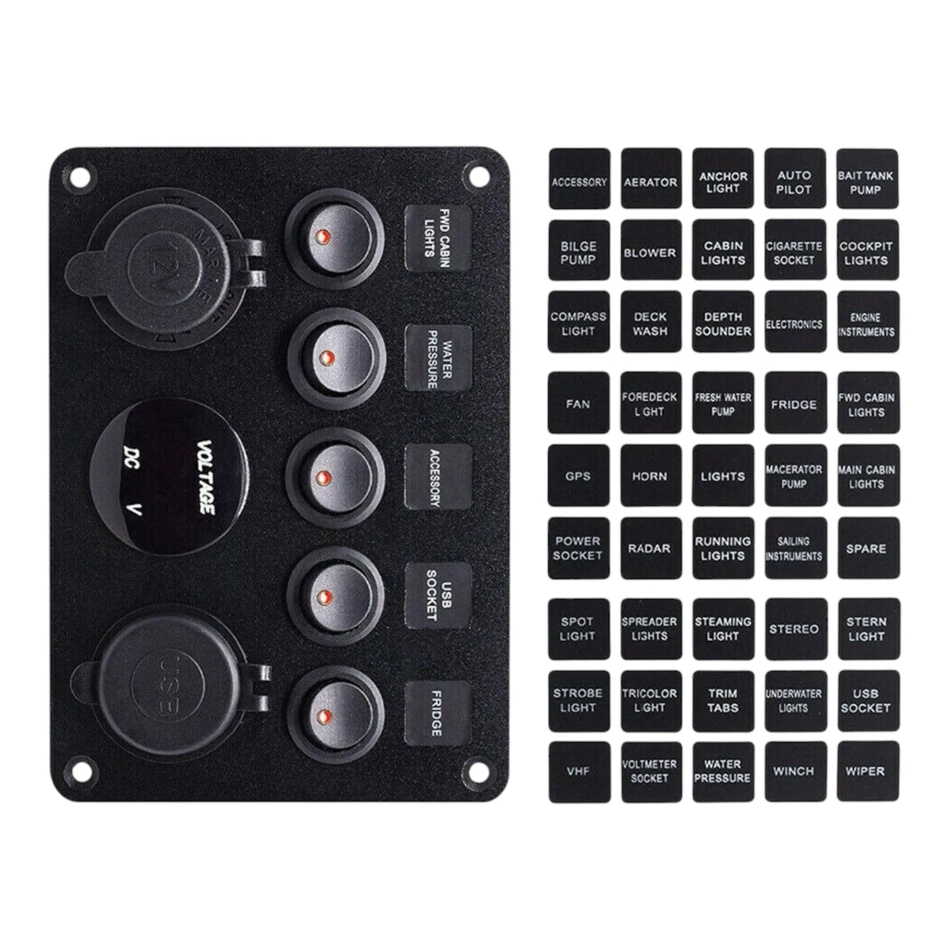 compact 5 way rocker switch panel with usb charging and 12v socket