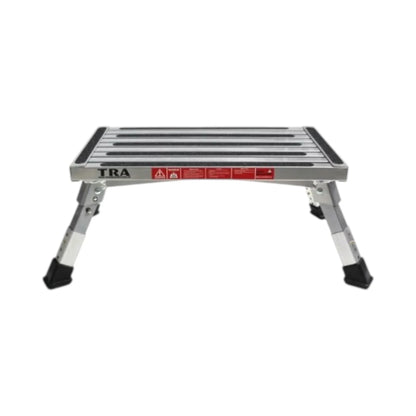 Folding step with adjustable height legs for caravan door access
