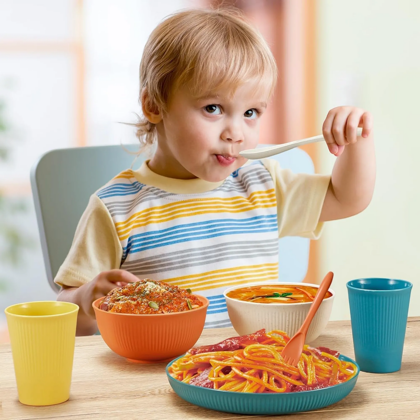 compact wheat straw dinnerware set suitable for rv and campervan storage