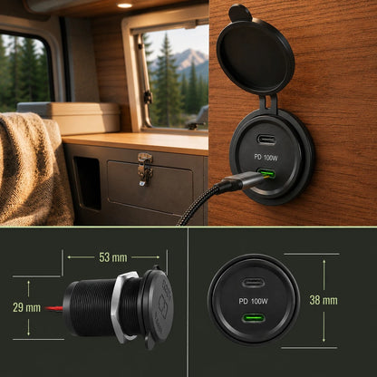 Flush fit dual USB-C charging socket for caravan and campervan installations