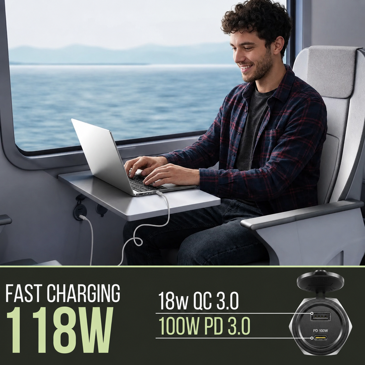 Campervan fast charging socket with USB-C 100W output and USB-A compatibility