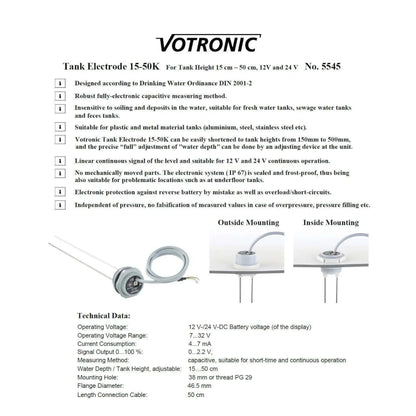 Campervan water tank sensor electrode for fresh water tanks