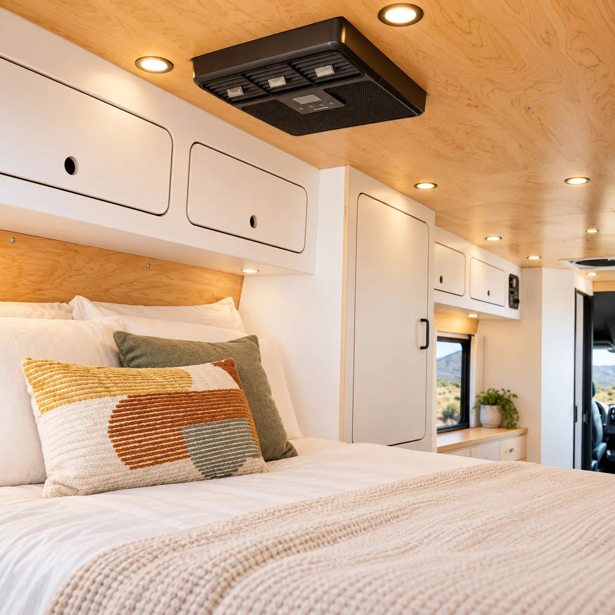 Campervan black LED ceiling lights with warm white output for living and sleeping areas
