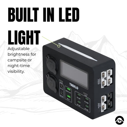 Caravan power box with USB charging, DC outputs, and integrated display