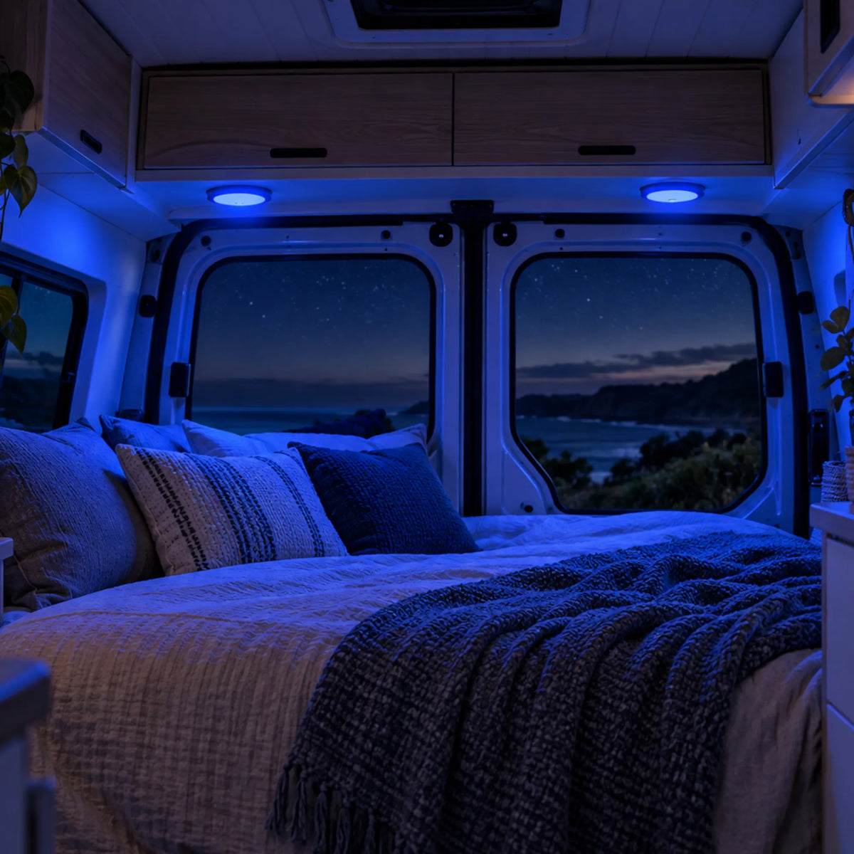 Campervan tri colour interior lights by Treklo for adaptable lighting while touring