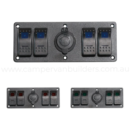 compact 4 gang illuminated rocker switch panel with 12v socket for campervan dashboards