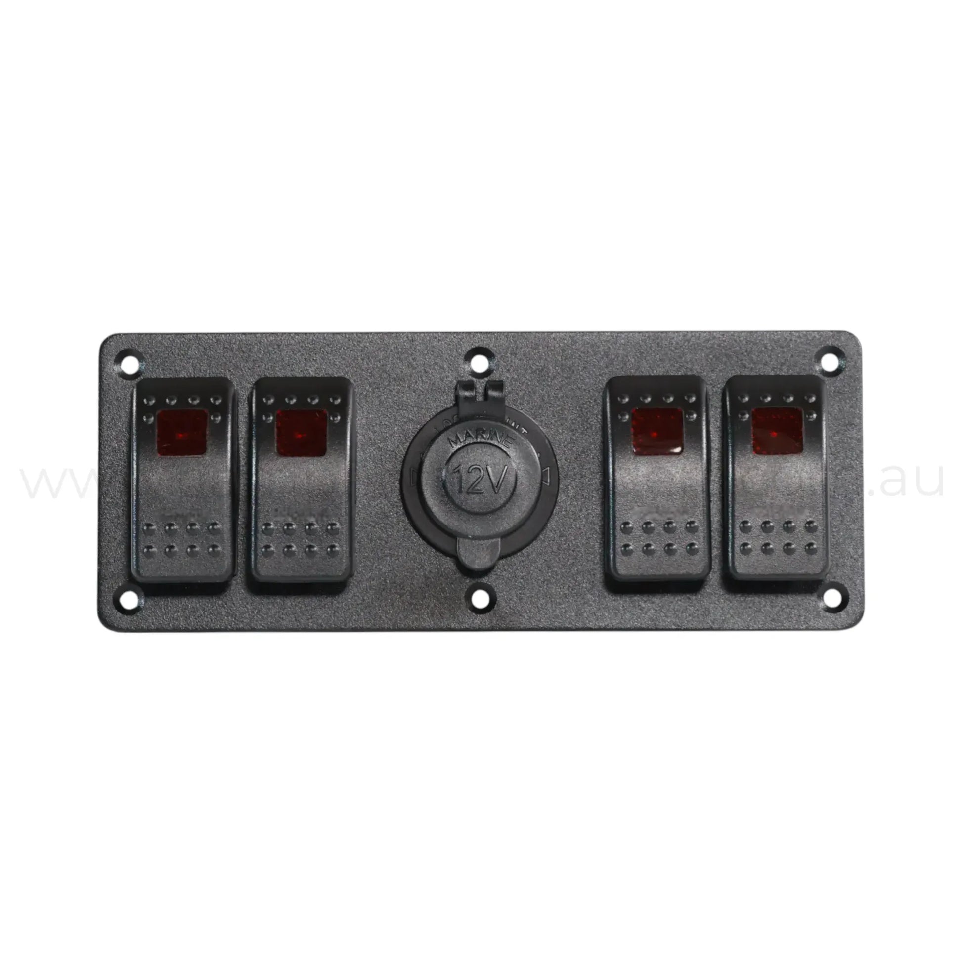 marine style 4 way switch panel with 12v socket and led illumination for campervan installs