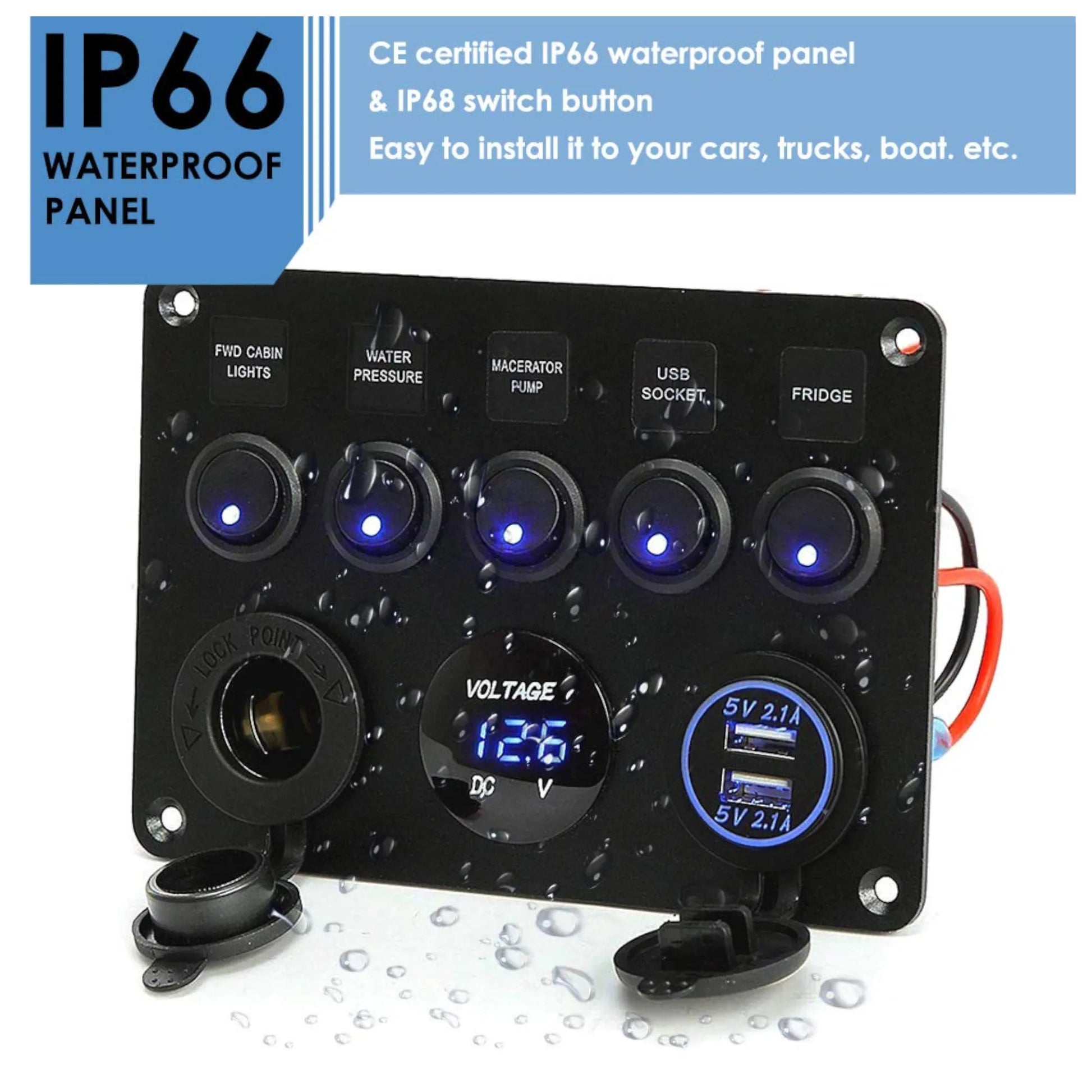 Caravan 5 way blue switch panel with 12v socket and voltage display