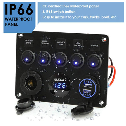 Caravan 5 way blue switch panel with 12v socket and voltage display