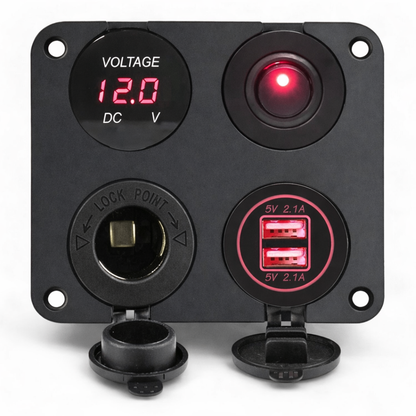 rv square surface mount 4 in 1 panel for accessory power, voltage monitoring and switching