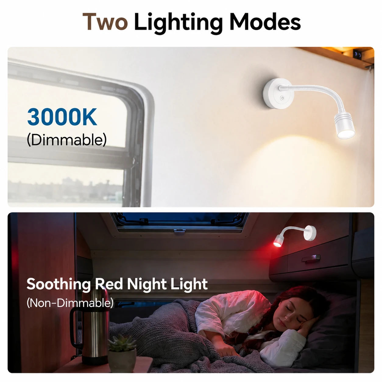 Caravan white Pro reading lights with adjustable brightness and dual charging ports