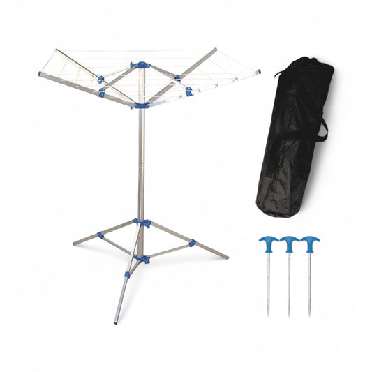 Clothes drying rack with carrying bag and stakes on a white background