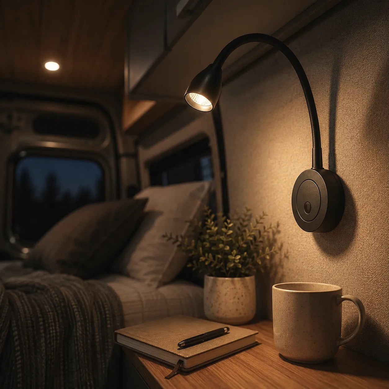 Caravan wall reading light with smooth dimming for personalised lighting