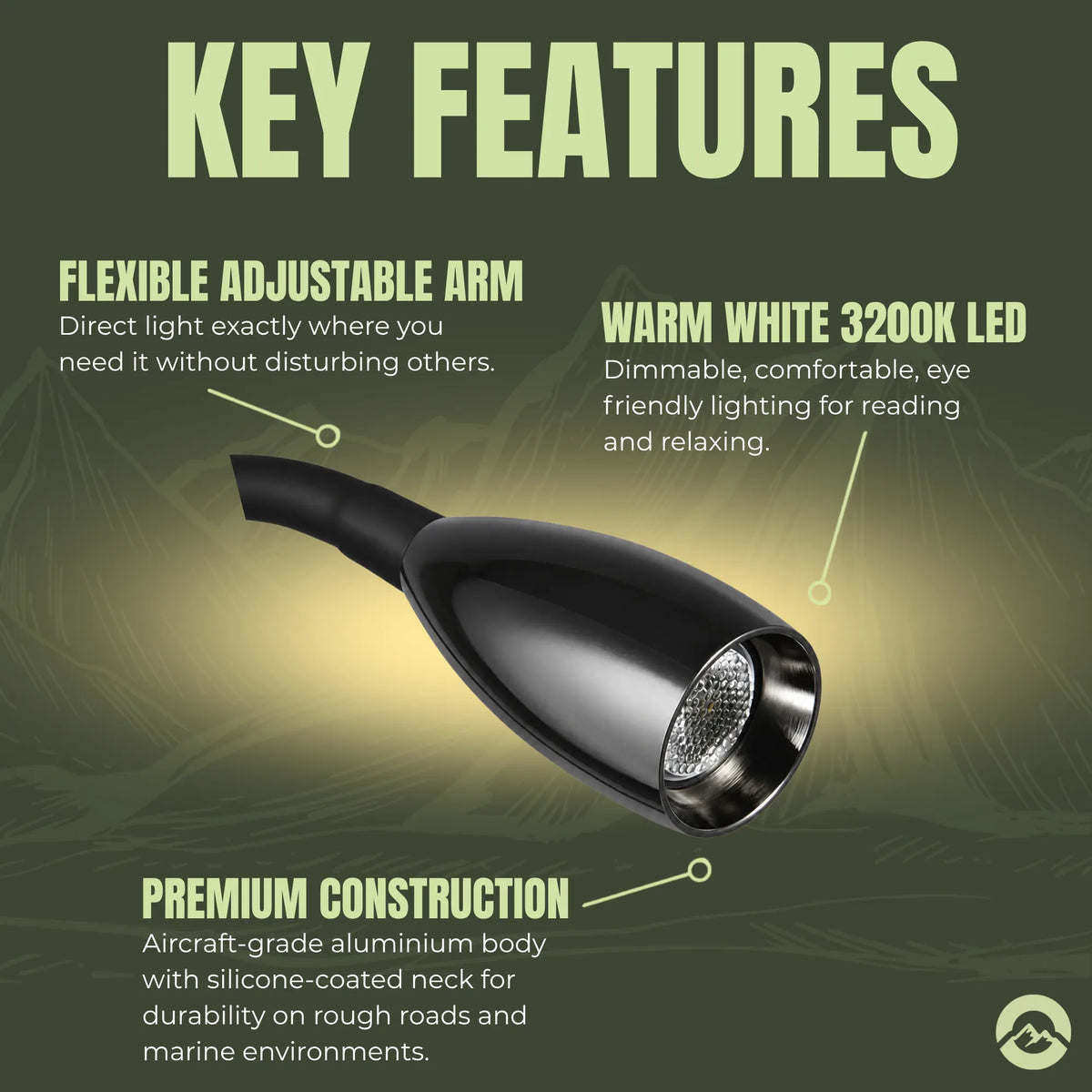 Campervan gloss black LED reading light with adjustable directional illumination