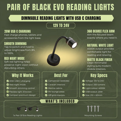 Caravan reading lights with USB charging for convenient bedside illumination