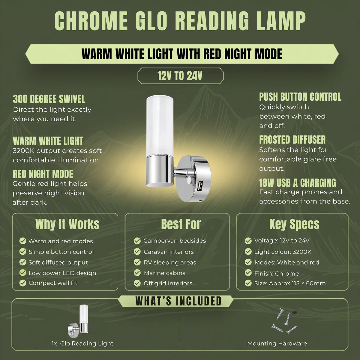 Chrome Glo LED reading light for caravan and campervan bedside lighting