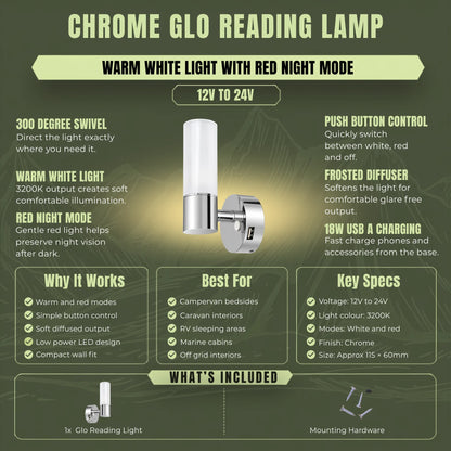 Chrome Glo LED reading light for caravan and campervan bedside lighting