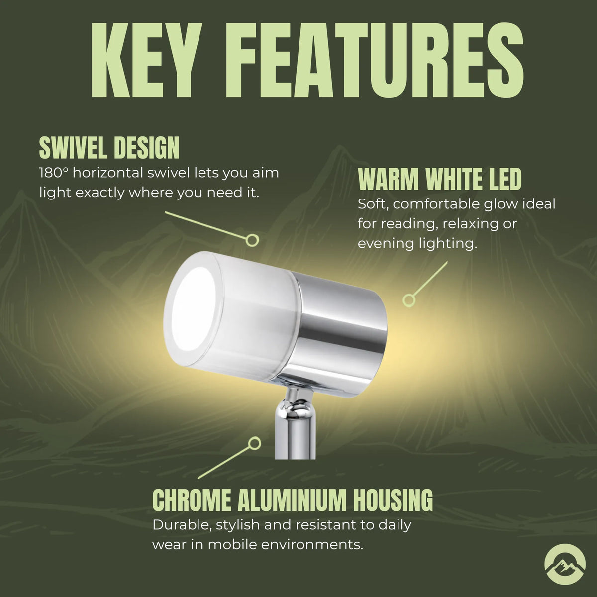 Chrome Ray bedside LED reading light for bunks and sleeping areas