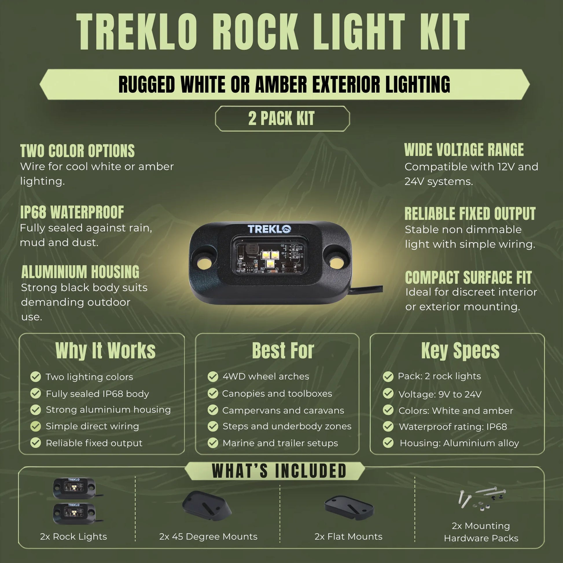 Rock lights 2 pack for caravan, campervan, RV, marine, and off grid applications