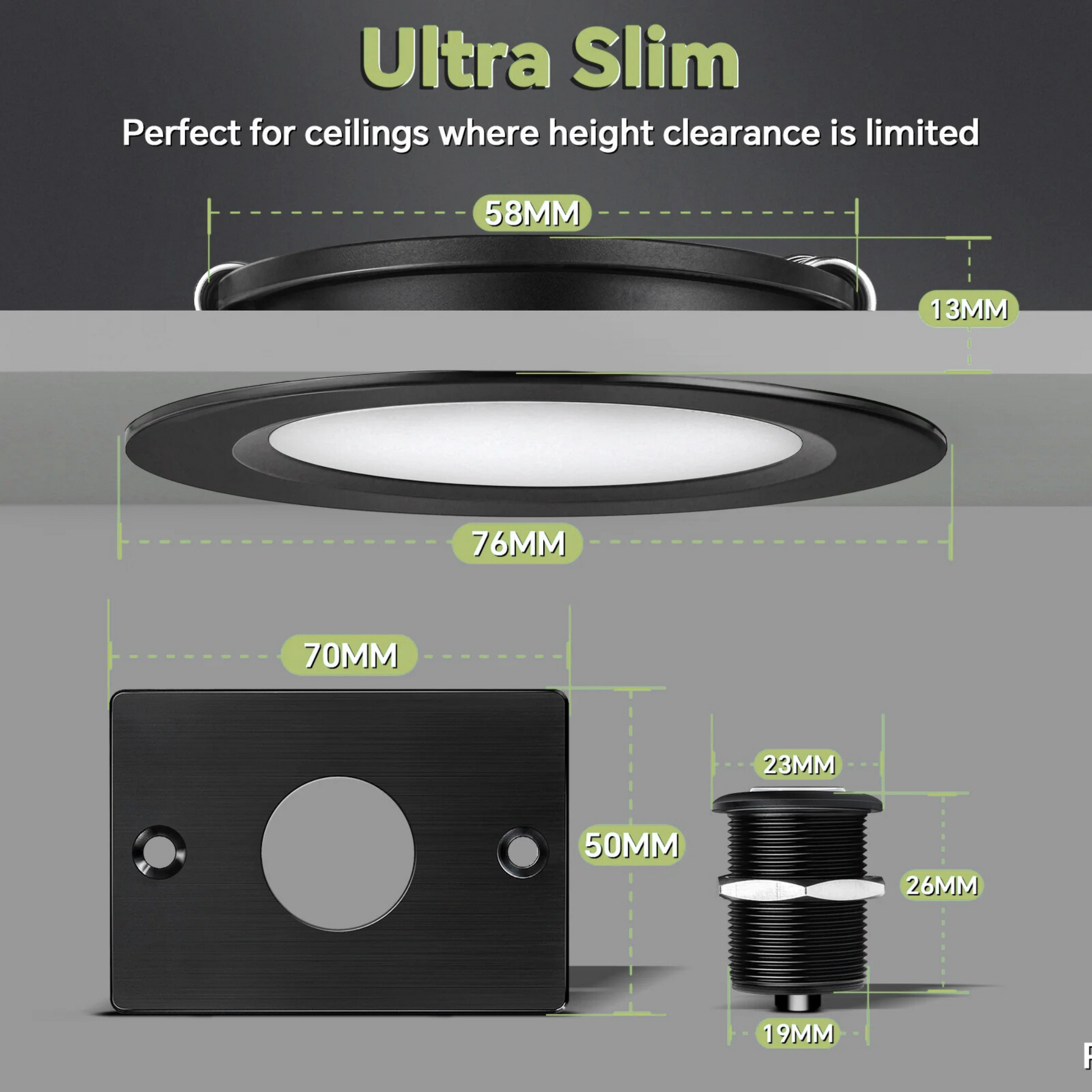 cool white LED downlight with black dimmer switch