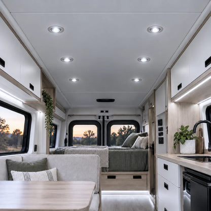 Cool white campervan swivel lights in silver for focused kitchen and workspace lighting