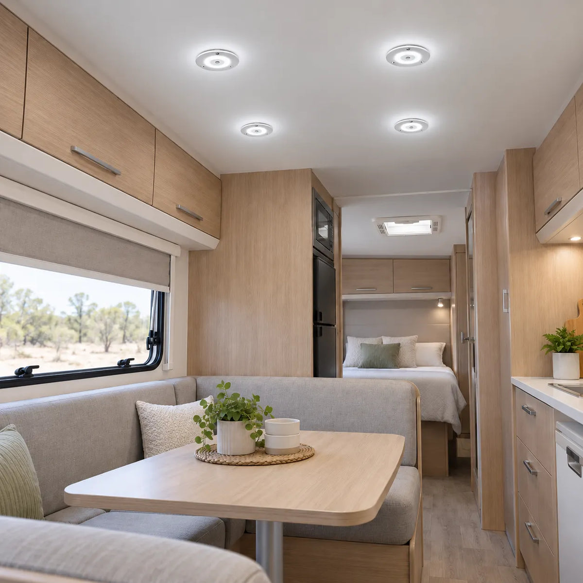 Cool white caravan overhead LED lamps by Treklo for compatible 12v touring electrical systems