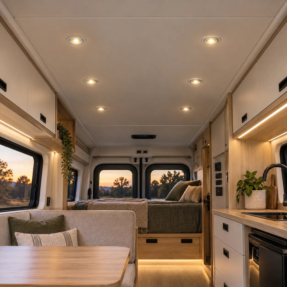 Cool white caravan swivel lights in white for focused lighting over benches and work areas