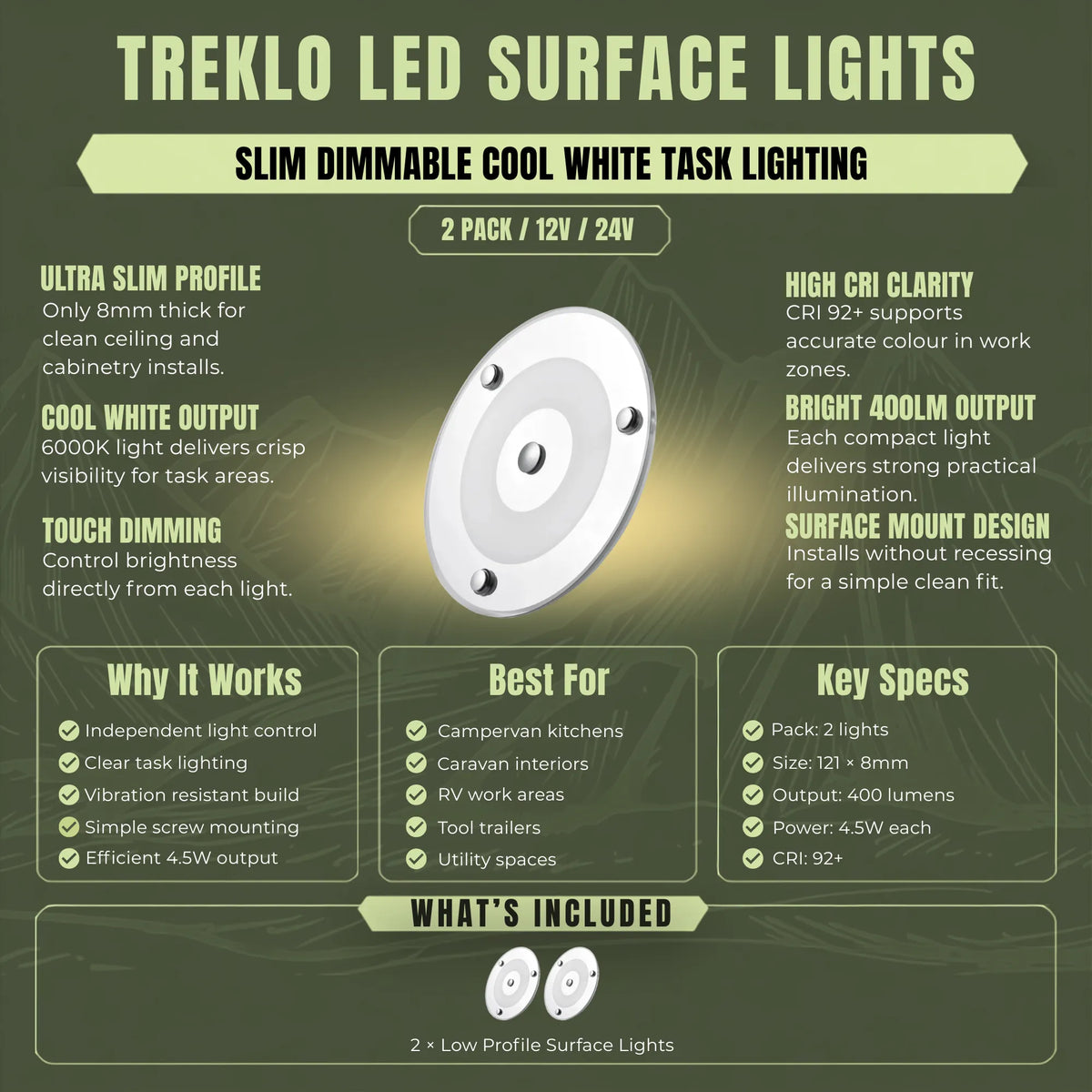 Cool white Treklo caravan surface ceiling lights two pack for bright interior illumination