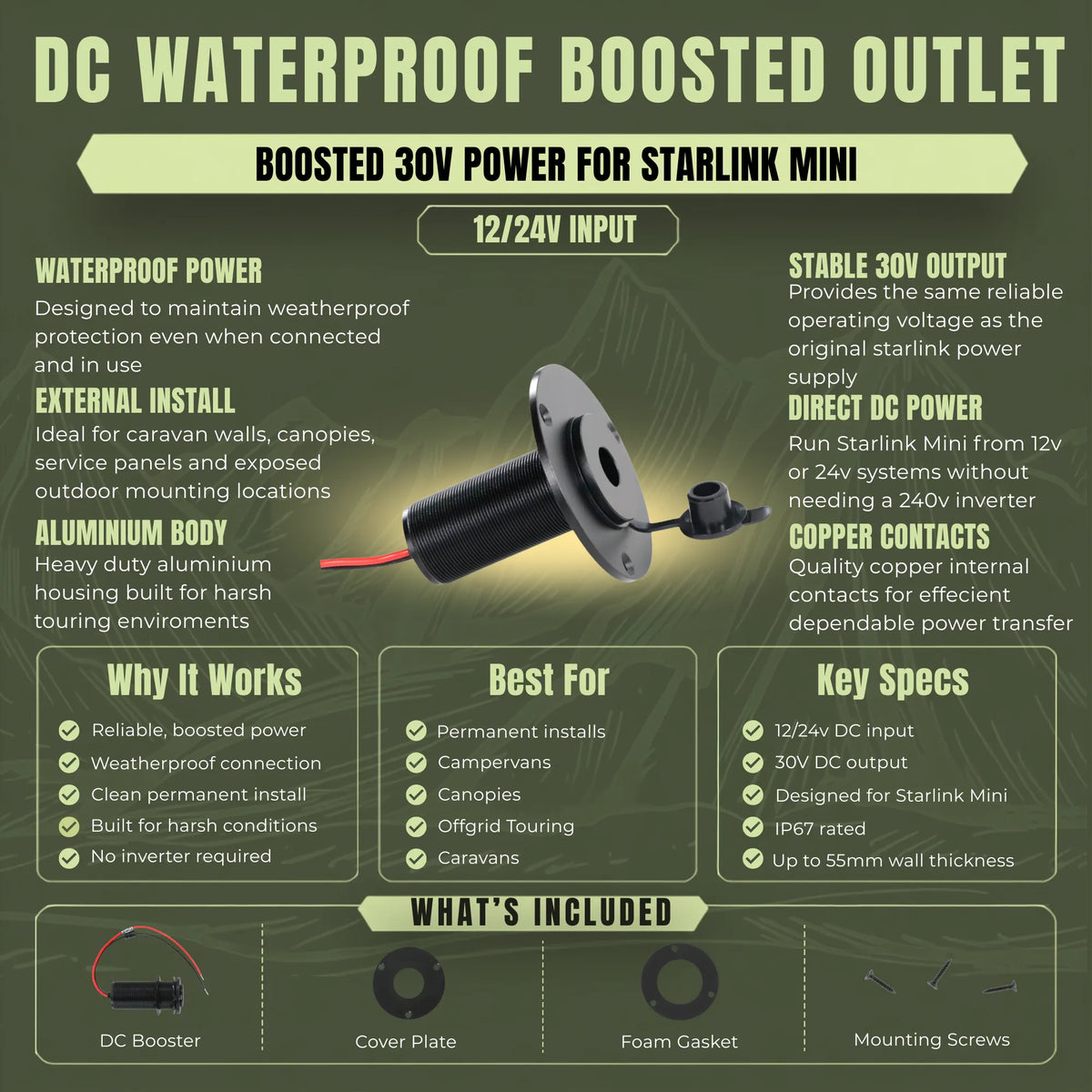 Waterproof boosted DC power outlet for Starlink Mini caravan and campervan installations