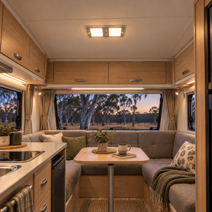 Dimmable LED panel light by Treklo for caravan, motorhome, and touring interiors