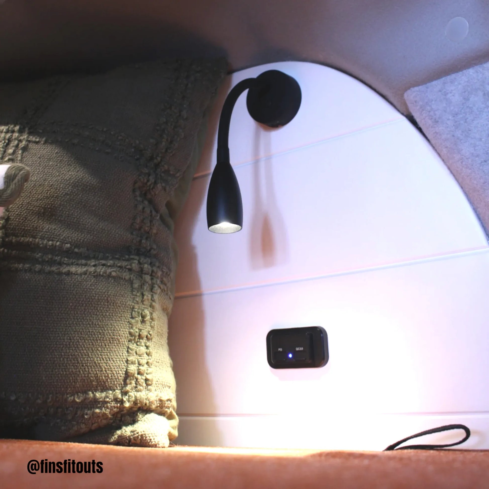 Adjustable Max LED reading lights with USB ports for caravan bedside lighting