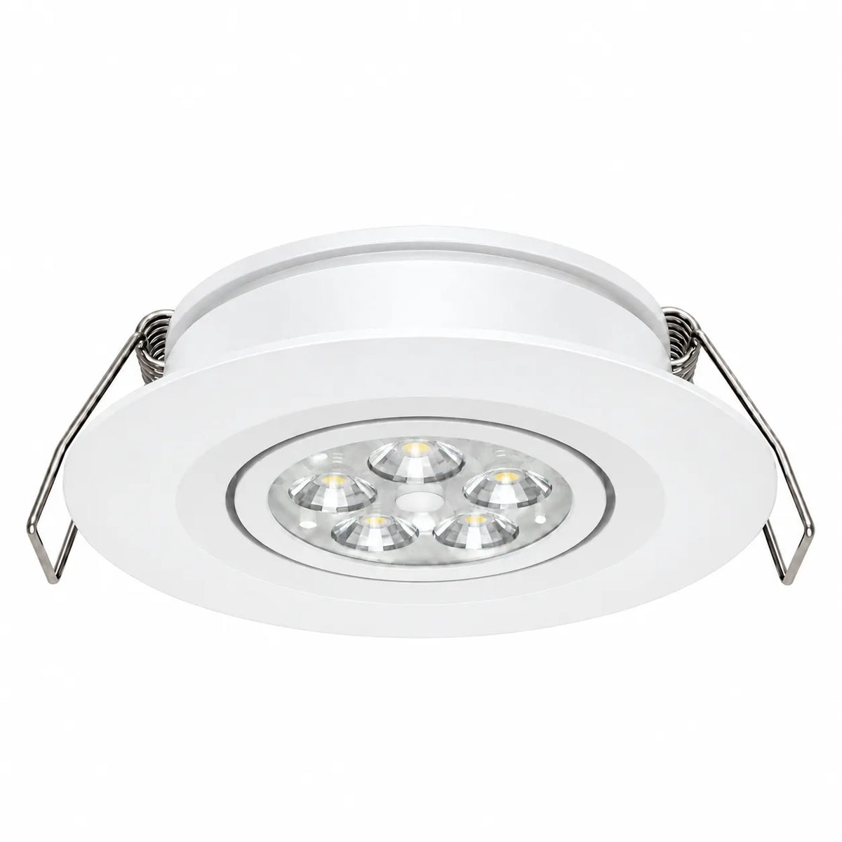 Dimmable white recessed spotlights with dual colour LEDs for bright caravan interior lighting