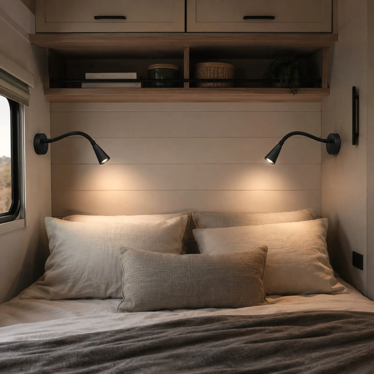 Adjustable Zen LED reading lights with USB ports for caravan bedside lighting