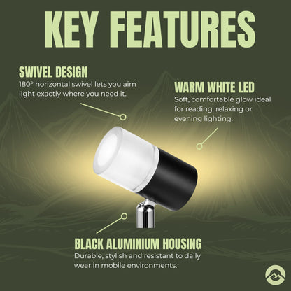 Directional 12v Ray LED reading light with modern black finish