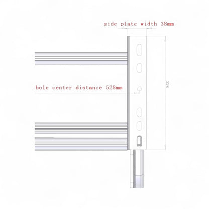 Technical drawing of a side plate with dimensions on a white background
