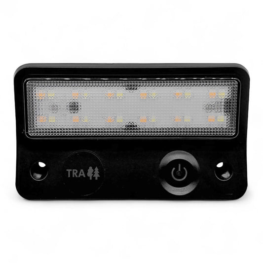 dual amber white LED awning light in black housing