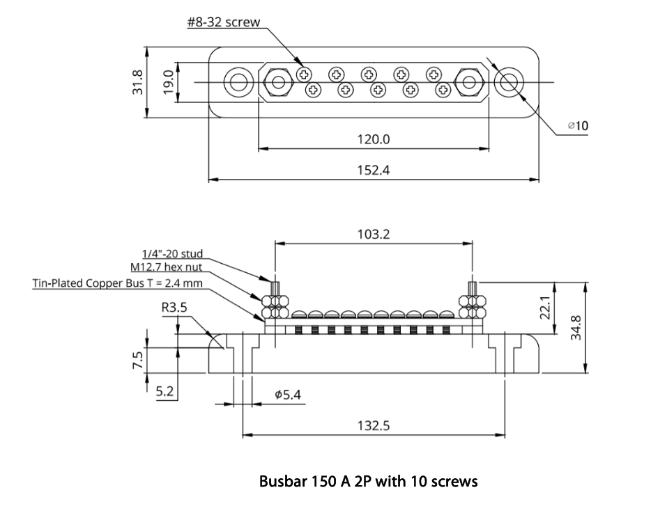 rv busbar 150a 2p terminal block with cover and 10 screw fittings