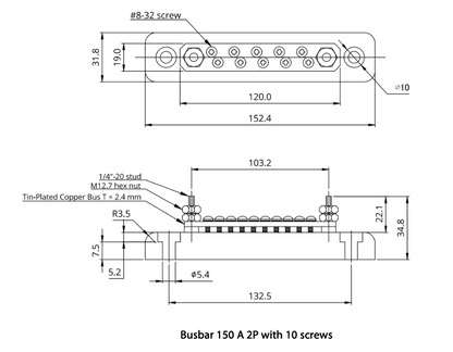 rv busbar 150a 2p terminal block with cover and 10 screw fittings