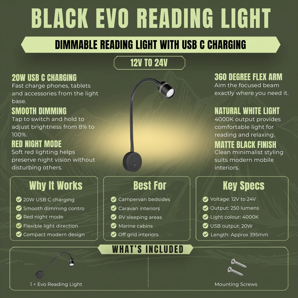 Dimmable Evo reading light with integrated USB C charging for campervans