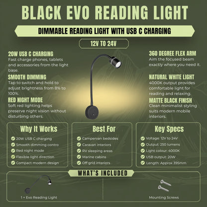 Dimmable Evo reading light with integrated USB C charging for campervans