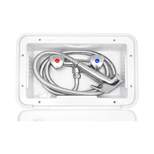 watermarked external shower box in white for caravans and rvs