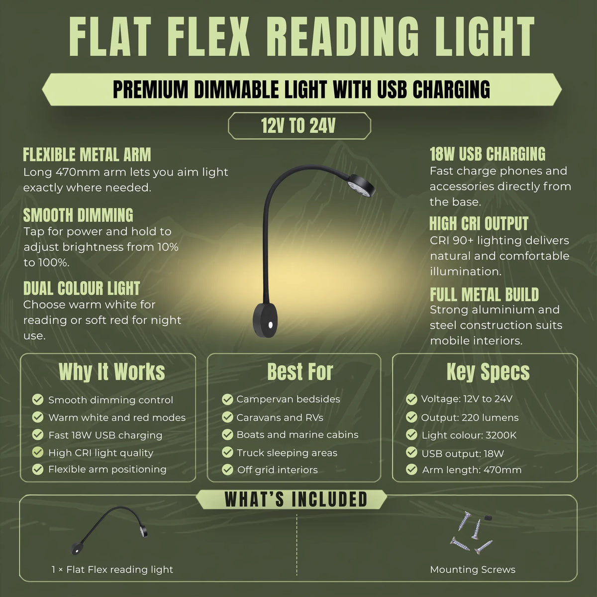 Flat flex LED reading light for adjustable bedside lighting in touring vehicles